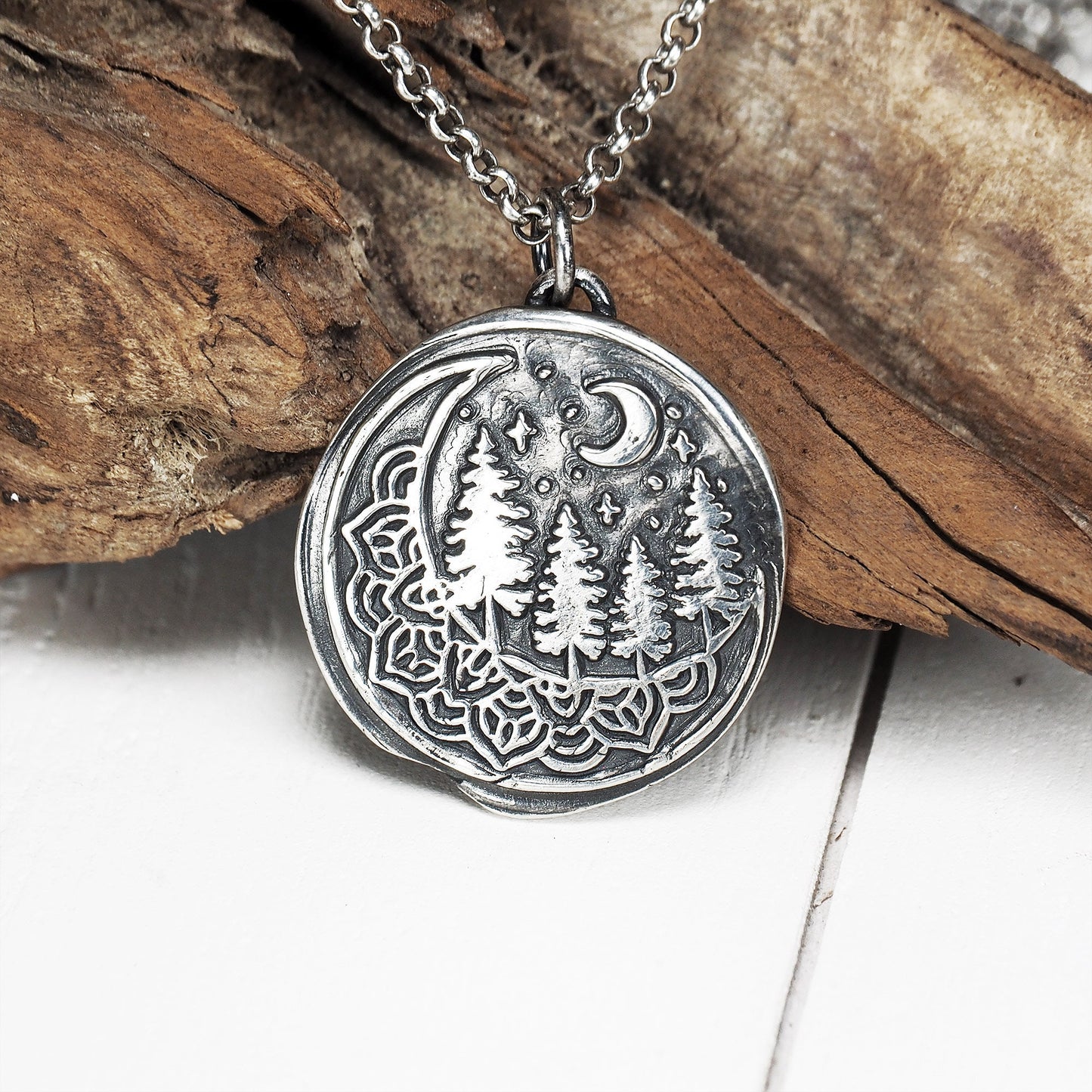 Wald Nacht Mond Anhänger Halskette Sterlingsilber, 40126