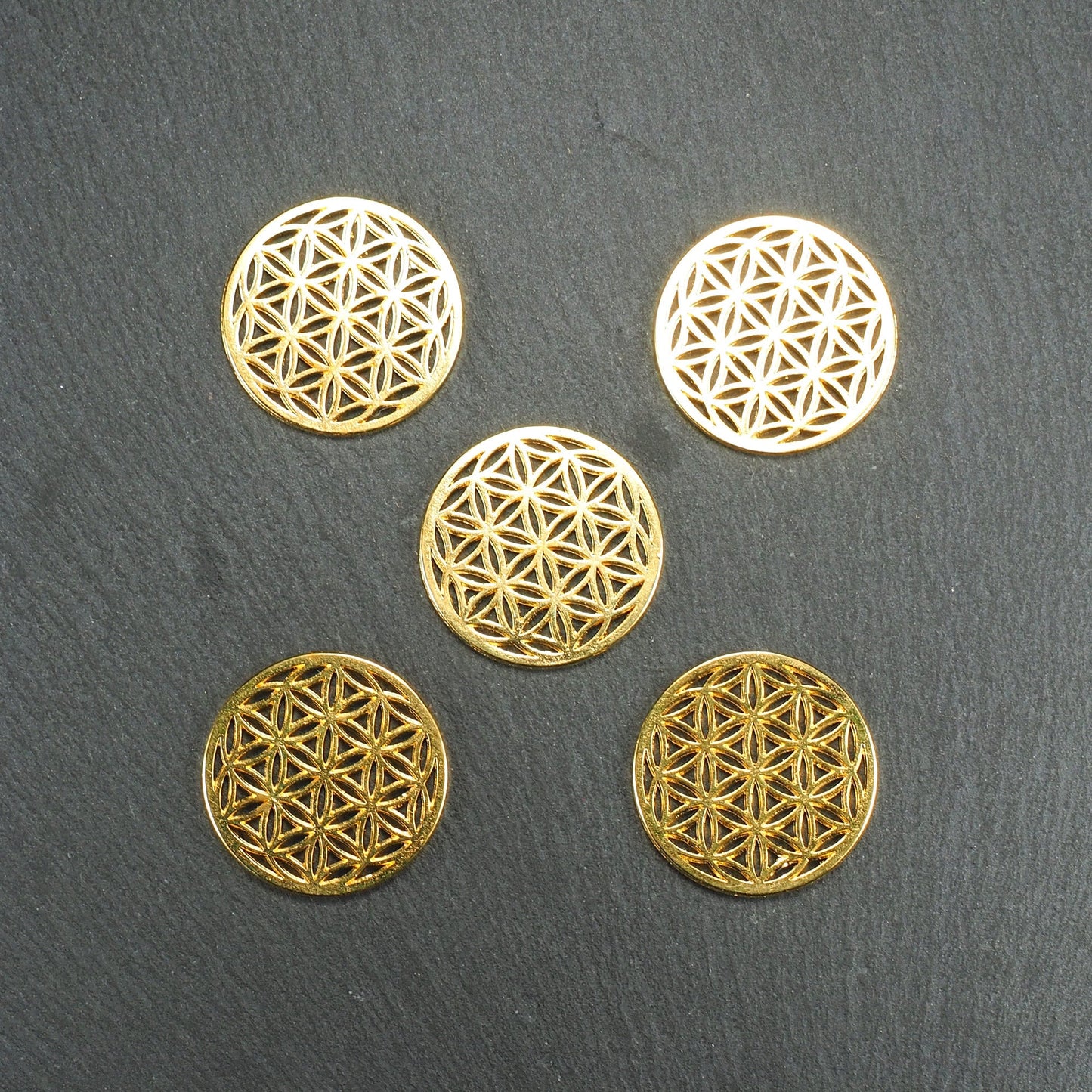 5 Anhänger/Verbinder Blume des Lebens, vergoldet, 11017