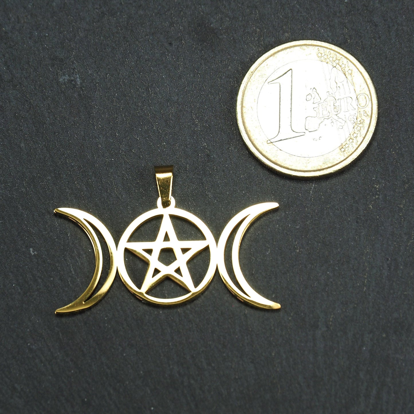 Anhänger Pentagramm Mondphasen, chirurgischer Edelstahl ionenvergoldet, 11013