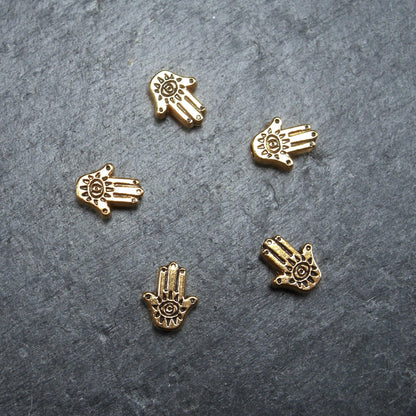 5 kleine Perlen Hamsa, Hand der Fatima, antik goldfarben, 10232