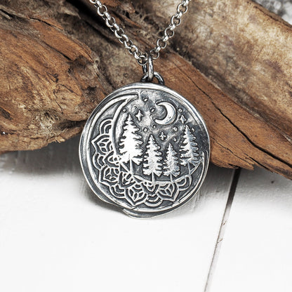Wald Nacht Mond Anhänger Halskette Sterlingsilber, 40126