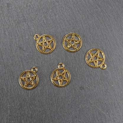 5 Anhänger Pentagramm Drudenfuß antik goldfarben, 10903