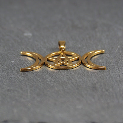 Anhänger Pentagramm Mondphasen, chirurgischer Edelstahl ionenvergoldet, 11013