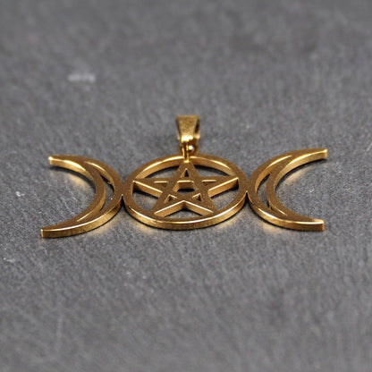 Anhänger Pentagramm Mondphasen, chirurgischer Edelstahl ionenvergoldet, 11013
