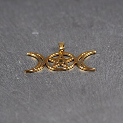Anhänger Pentagramm Mondphasen, chirurgischer Edelstahl ionenvergoldet, 11013