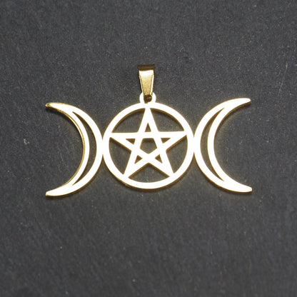 Anhänger Pentagramm Mondphasen, chirurgischer Edelstahl ionenvergoldet, 11013