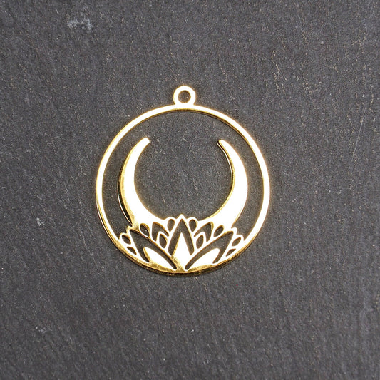 Anhänger Lotus Blüte und Mond, Edelstahl 304, ionenvergoldet, 11031