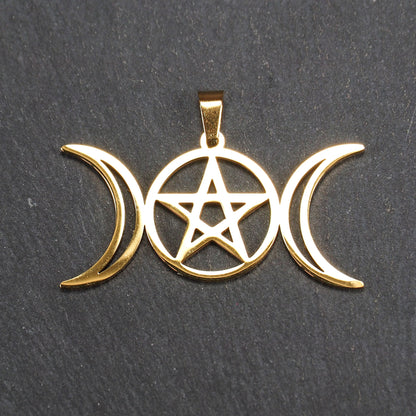 Anhänger Pentagramm Mondphasen, chirurgischer Edelstahl ionenvergoldet, 11013