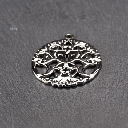 Anhänger Baum des Lebens mit Pentagramm und Mondsicheln, Edelstahl 304L, 10896