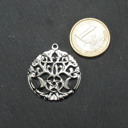 Anhänger Baum des Lebens mit Pentagramm und Mondsicheln, Edelstahl 304L, 10896
