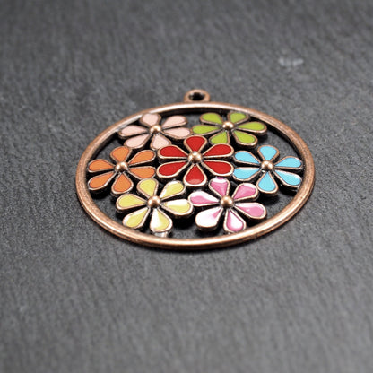 Anhänger runde bunte Blüten antik kupferfarben Emaille, 11140