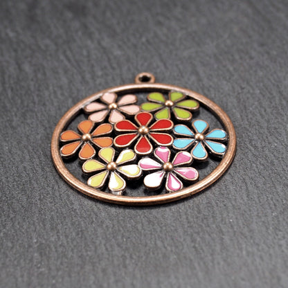 Anhänger runde bunte Blüten antik kupferfarben Emaille, 11140