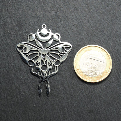 Anhänger Motte mit Mondphasen, Edelstahl 304, glänzend silberfarben, 11251