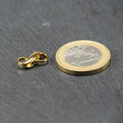 Karabiner in liegender Acht, goldfarbenes glänzendes Metall mit glatter Oberfläche, zwei gegenüberliegende Öffnungen und sichtbaren Ringösen. 1 Euro Münze zum Größenvergleich.