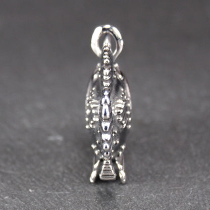 3D-Anhänger Anglerfisch, silberglänzend, mit geöffnetem Maul und dolchartigen Zähnen, geriffelten Flossen, punktiertem Körper und Öse.