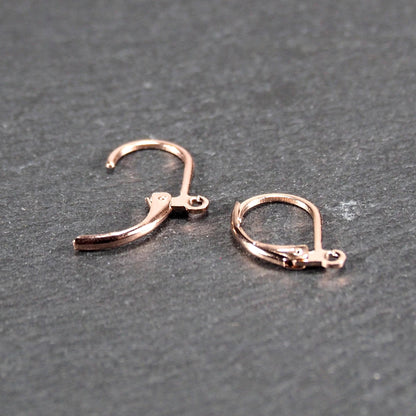Zwei rosévergoldete Klappbrisuren in glänzender Metalloptik, ovale Leverback-Form mit sichtbarer kleinen Öse am unteren Ende, auf dunklem Hintergrund.