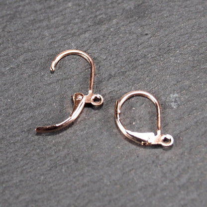 Zwei rosévergoldete Klappbrisuren in glänzender Metalloptik, ovale Leverback-Form mit sichtbarer kleinen Öse am unteren Ende, auf dunklem Hintergrund.