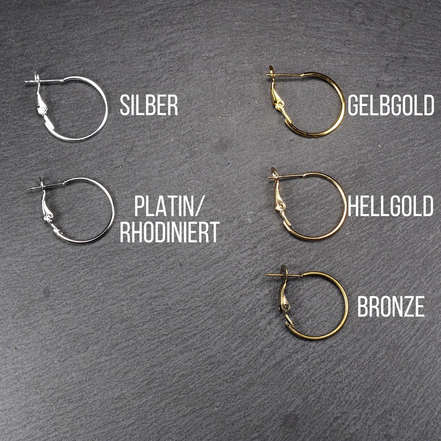 Runde Klapp-Creolen in silber, platin, hellgold, gelbgold und bronze mit Klappverschluss und glatter, glänzender Oberfläche.