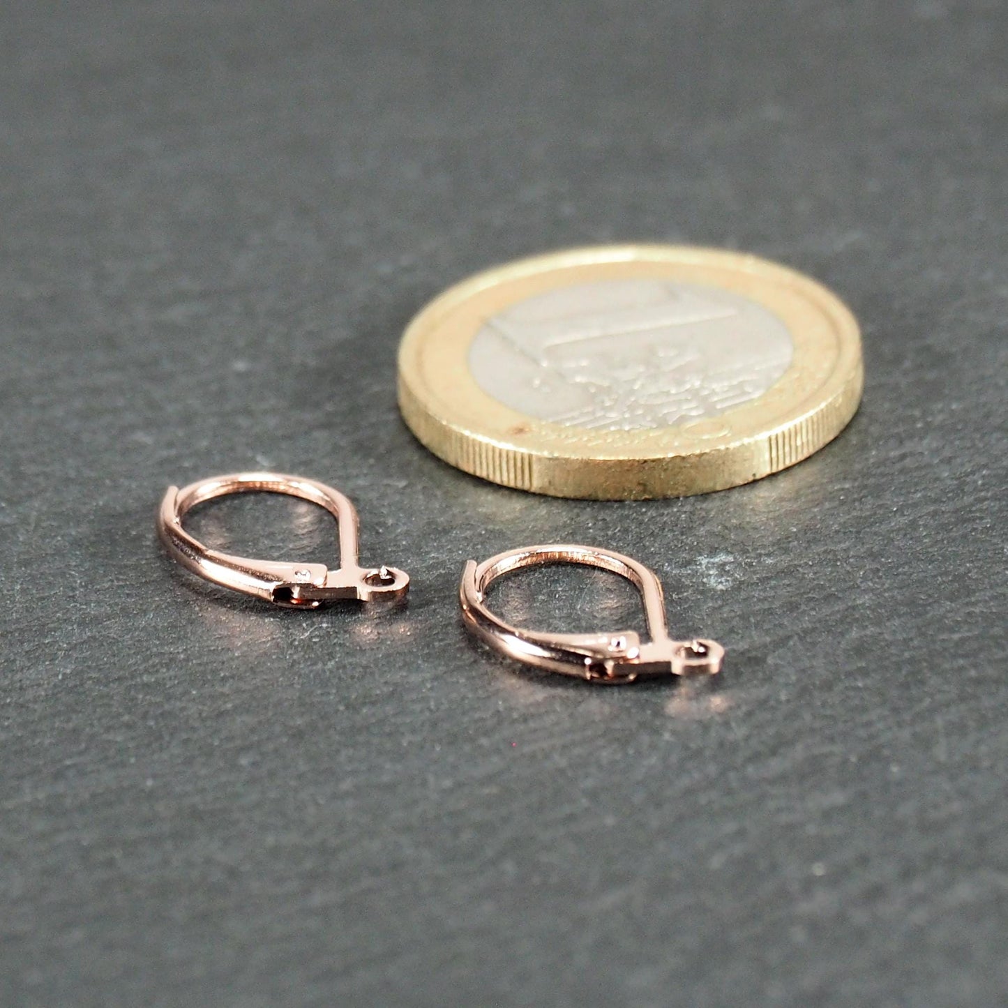 Zwei rosévergoldete Klappbrisuren in glänzender Metalloptik, ovale Leverback-Form mit sichtbarer kleinen Öse am unteren Ende, auf dunklem Hintergrund.