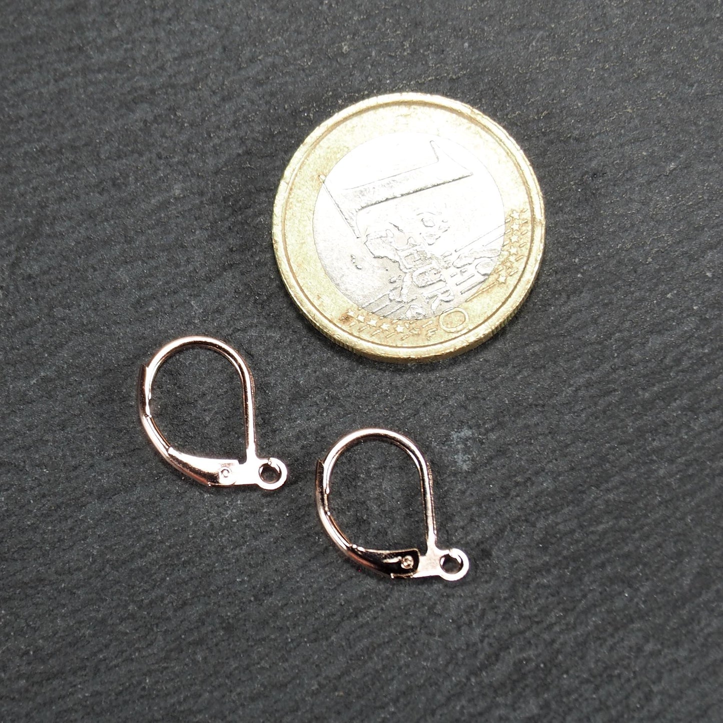 Zwei rosévergoldete Klappbrisuren in glänzender Metalloptik, ovale Leverback-Form mit sichtbarer kleinen Öse am unteren Ende, auf dunklem Hintergrund.