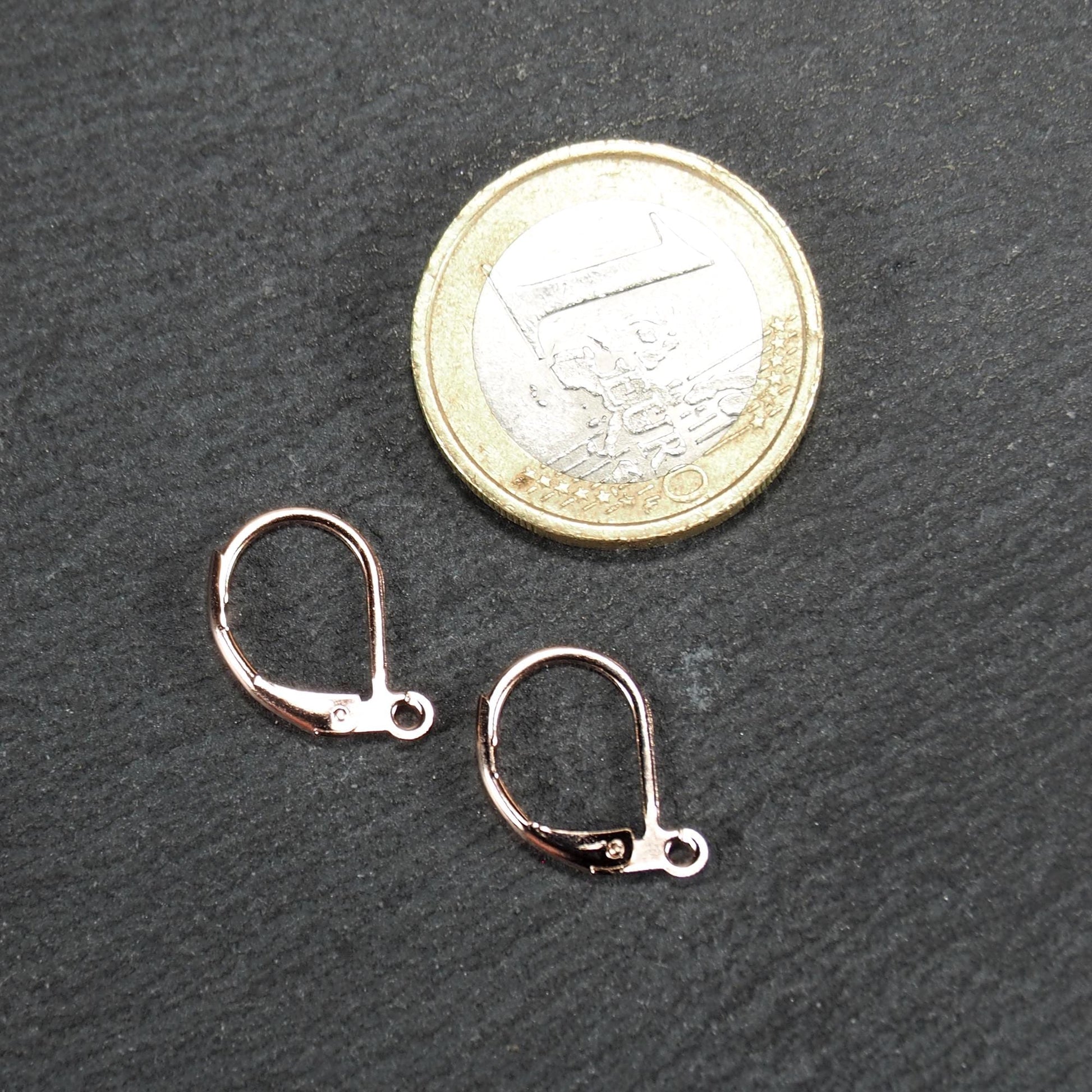 Zwei rosévergoldete Klappbrisuren in glänzender Metalloptik, ovale Leverback-Form mit sichtbarer kleinen Öse am unteren Ende, auf dunklem Hintergrund.