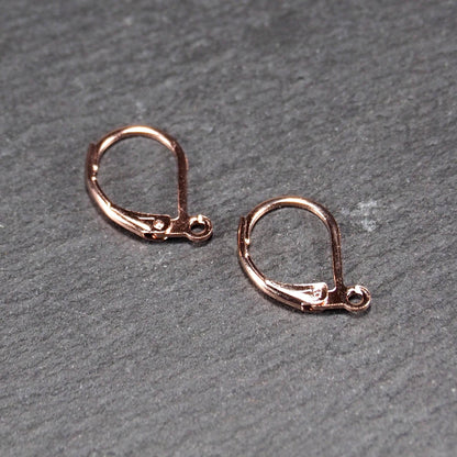 Zwei rosévergoldete Klappbrisuren in glänzender Metalloptik, ovale Leverback-Form mit sichtbarer kleinen Öse am unteren Ende, auf dunklem Hintergrund.
