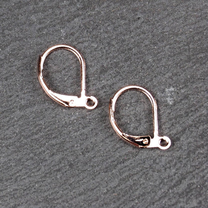 Zwei rosévergoldete Klappbrisuren in glänzender Metalloptik, ovale Leverback-Form mit sichtbarer kleinen Öse am unteren Ende, auf dunklem Hintergrund.
