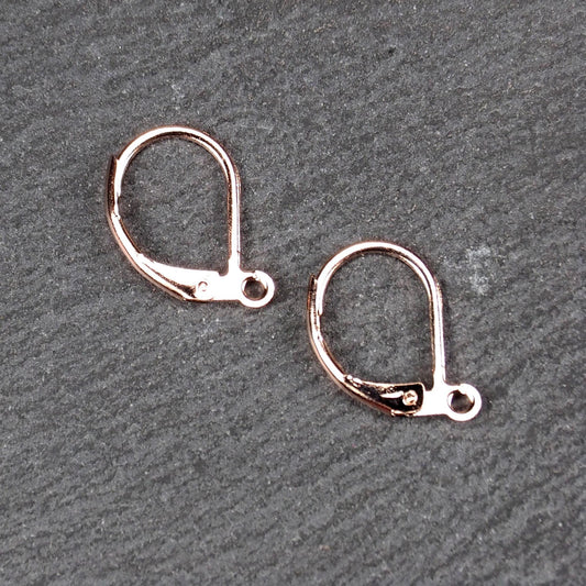 Zwei rosévergoldete Klappbrisuren in glänzender Metalloptik, ovale Leverback-Form mit sichtbarer kleinen Öse am unteren Ende, auf dunklem Hintergrund.