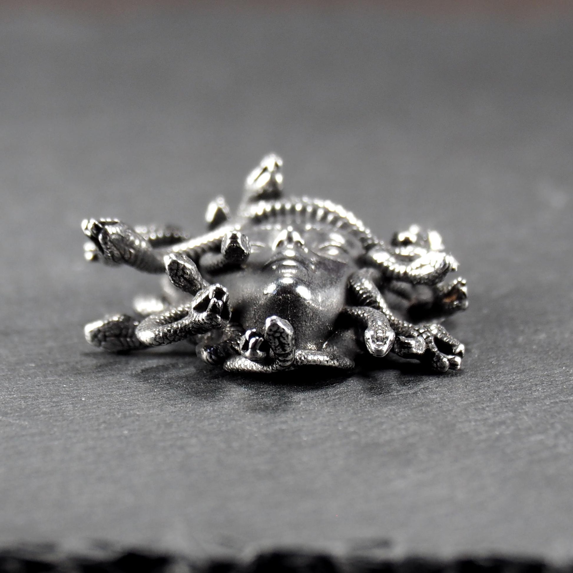 Silberfarbener, dreidimensionaler und glänzender Medusa-Anhänger in Relief mit menschlichem Gesicht und vielen schlangenförmigen Haaren, sichtbarer Öse.