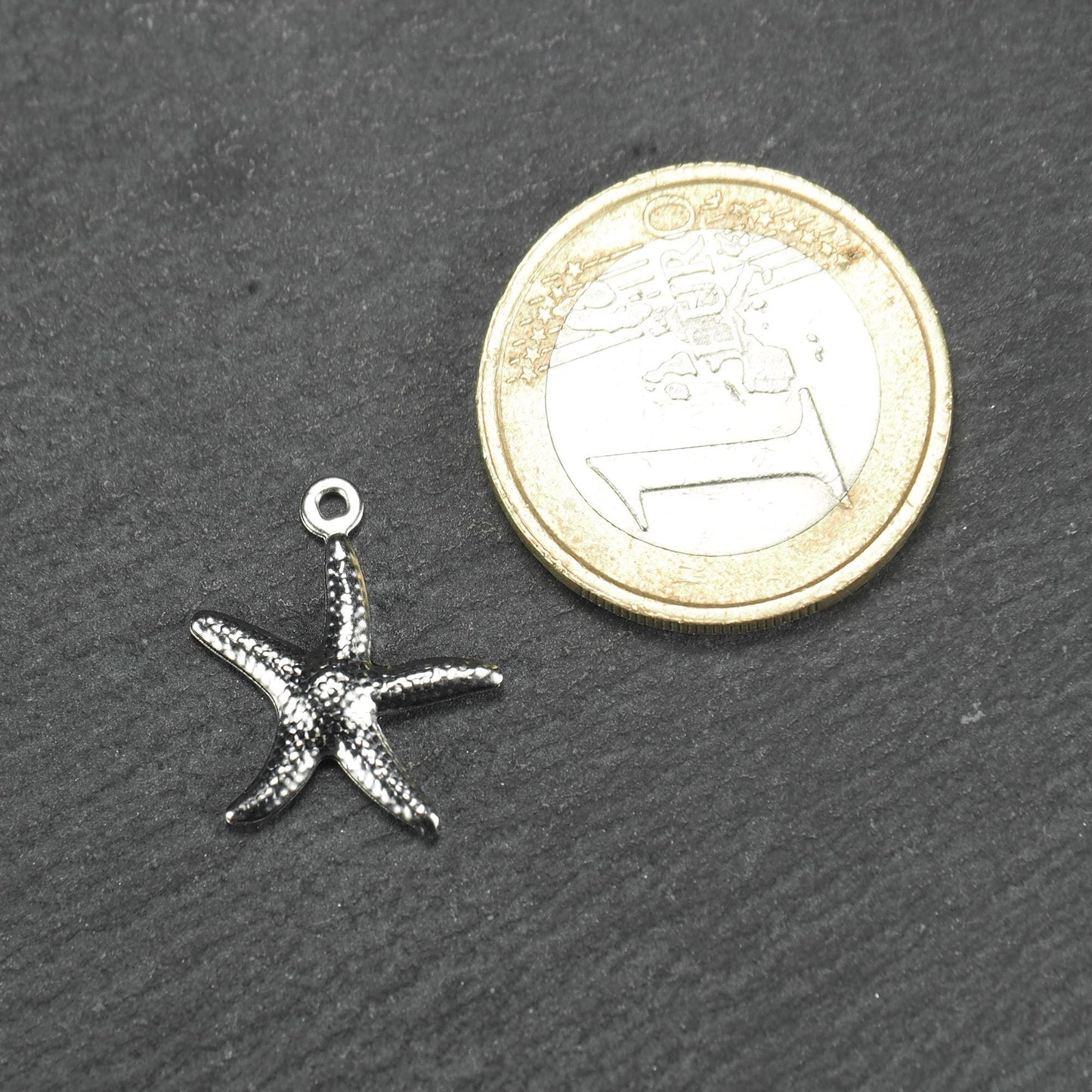 Fünfarmiger Seestern-Anhänger, silberner Metallton mit reliefartiger Struktur und sichtbarer Öse; daneben eine 1‑Euro‑Münze als Größenvergleich.