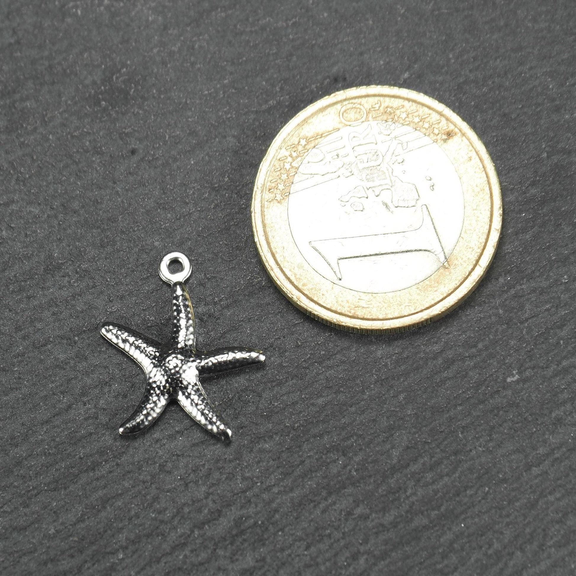 Fünfarmiger Seestern-Anhänger, silberner Metallton mit reliefartiger Struktur und sichtbarer Öse; daneben eine 1‑Euro‑Münze als Größenvergleich.