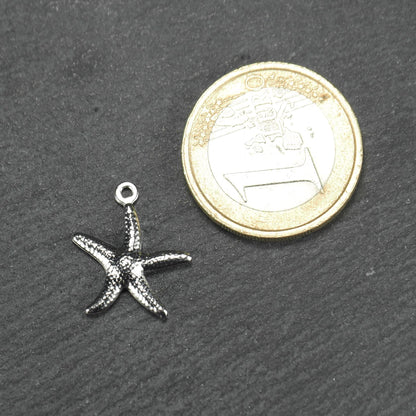 Fünfarmiger Seestern-Anhänger, silberner Metallton mit reliefartiger Struktur und sichtbarer Öse; daneben eine 1‑Euro‑Münze als Größenvergleich.