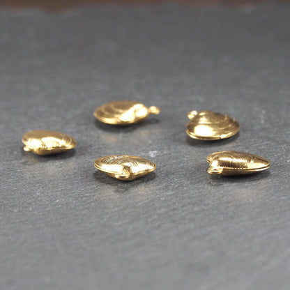 Kleiner muschelförmiger Anhänger, goldfarbene glänzende Oberfläche mit konzentrischen Rillen und integrierter Öse oben.