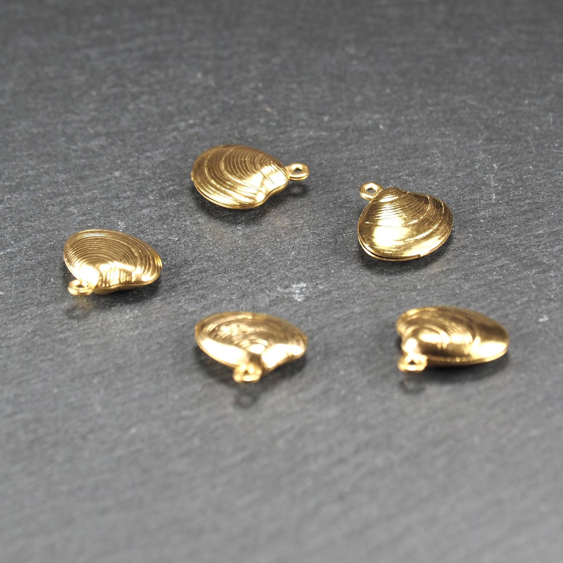 Kleiner muschelförmiger Anhänger, goldfarbene glänzende Oberfläche mit konzentrischen Rillen und integrierter Öse oben.