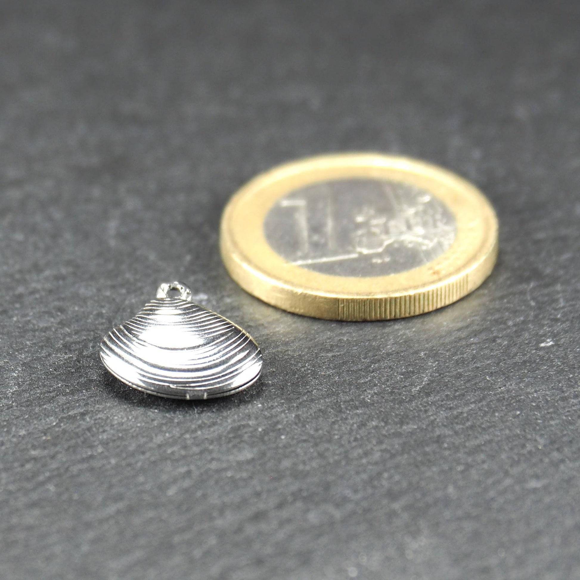 Muschelförmiger silberfarbener Anhänger mit polierter Oberfläche, konzentrischen Rillen und integrierter Öse, neben einer 1-Euro-Münze.