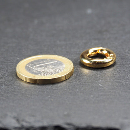 Runder vergoldeter O-Ring Karabiner mit glänzender Oberfläche, torusförmiger Öffnung und sichtbarem Schnappverschluss mit Scharnier. Daneben 1 Euro Münze zum Größenvergleich.