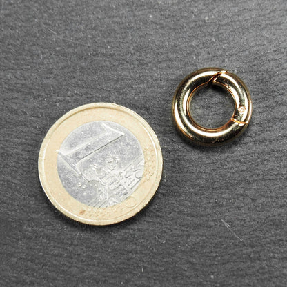 Runder vergoldeter O-Ring Karabiner mit glänzender Oberfläche, torusförmiger Öffnung und sichtbarem Schnappverschluss mit Scharnier. Daneben 1 Euro Münze zum Größenvergleich.