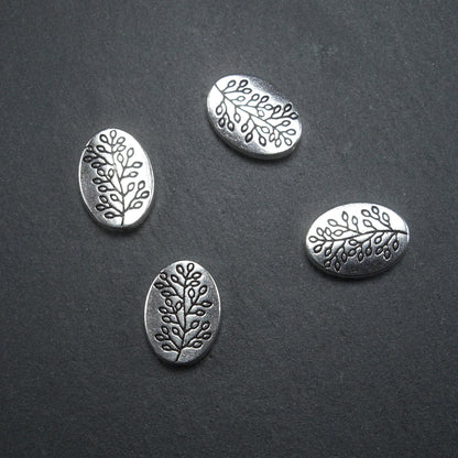 6 Perlen oval, floral, Blumen, antik silberfarben, 10237