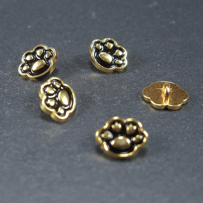 5 mini Knöpfe Metall, 8 x 6 mm, Puppenknöpfe, Katzenpfötchen, 10147
