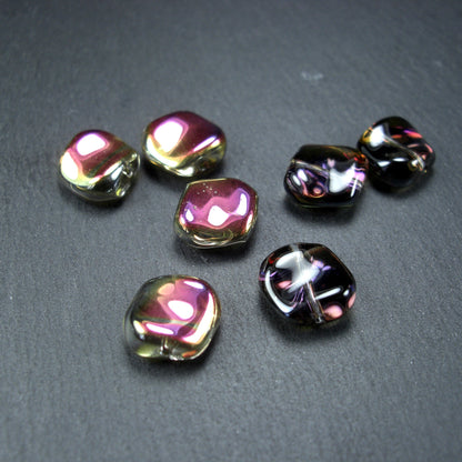 5 Glasperlen 10 mm, unregelmäßig, glänzend, aubergine gold bronze, 10563