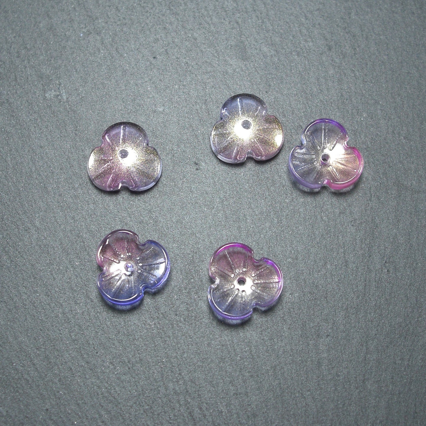 5 Glas Perlen/Spacer 12 x 3 mm, Blume, Blüte, lila pink gold, 10537