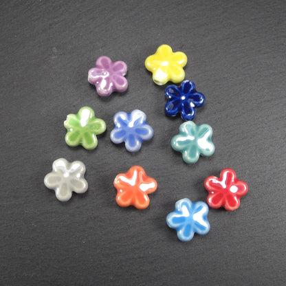 10 Keramik Blüten Perlen, 12 x 5 mm, bunt, Farbmix, 10739