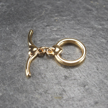 Knebel Verschluss, schlicht mit Herz, 1 Satz für Armband, Halskette, Messing, 24 Karat vergoldet, 10819