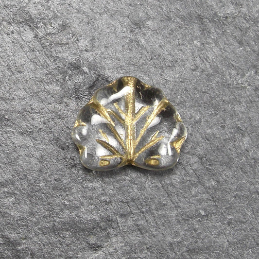 2 Böhmische Glasperlen, Blatt, weiß/gold, 10759